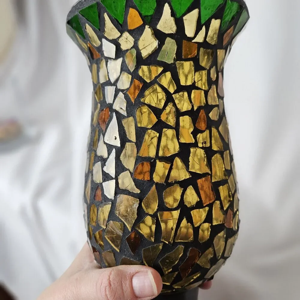 Two Mosaic Hurricane Candle Holder Stained Glass Tiles Bronze Pier 1